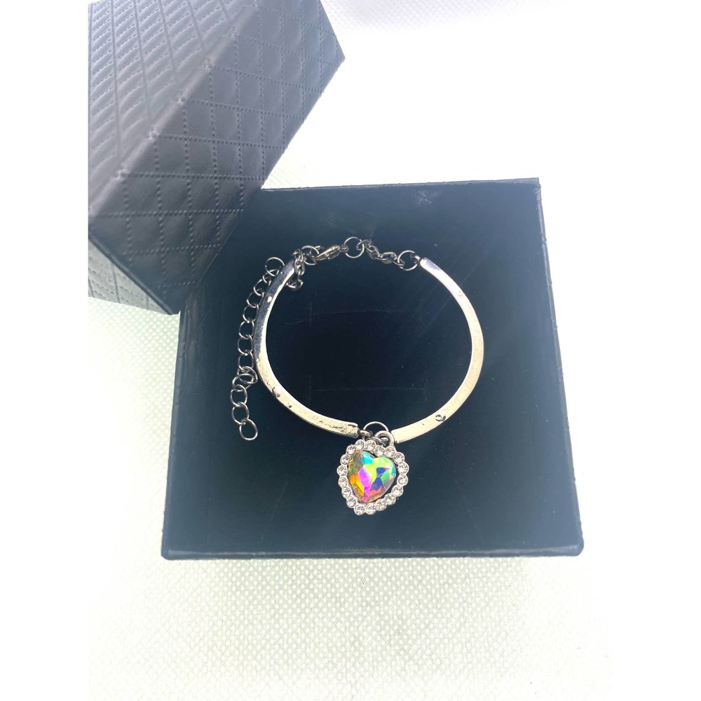 Imitation Silver Diamond Iridescent AB Rhinestone Heart Charm Bracelet, Gift